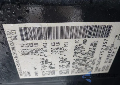 2021 Nissan Rogue S Intelligent Awd z USA, uszkodzony, nr VIN 5N1AT3AB3MC757357